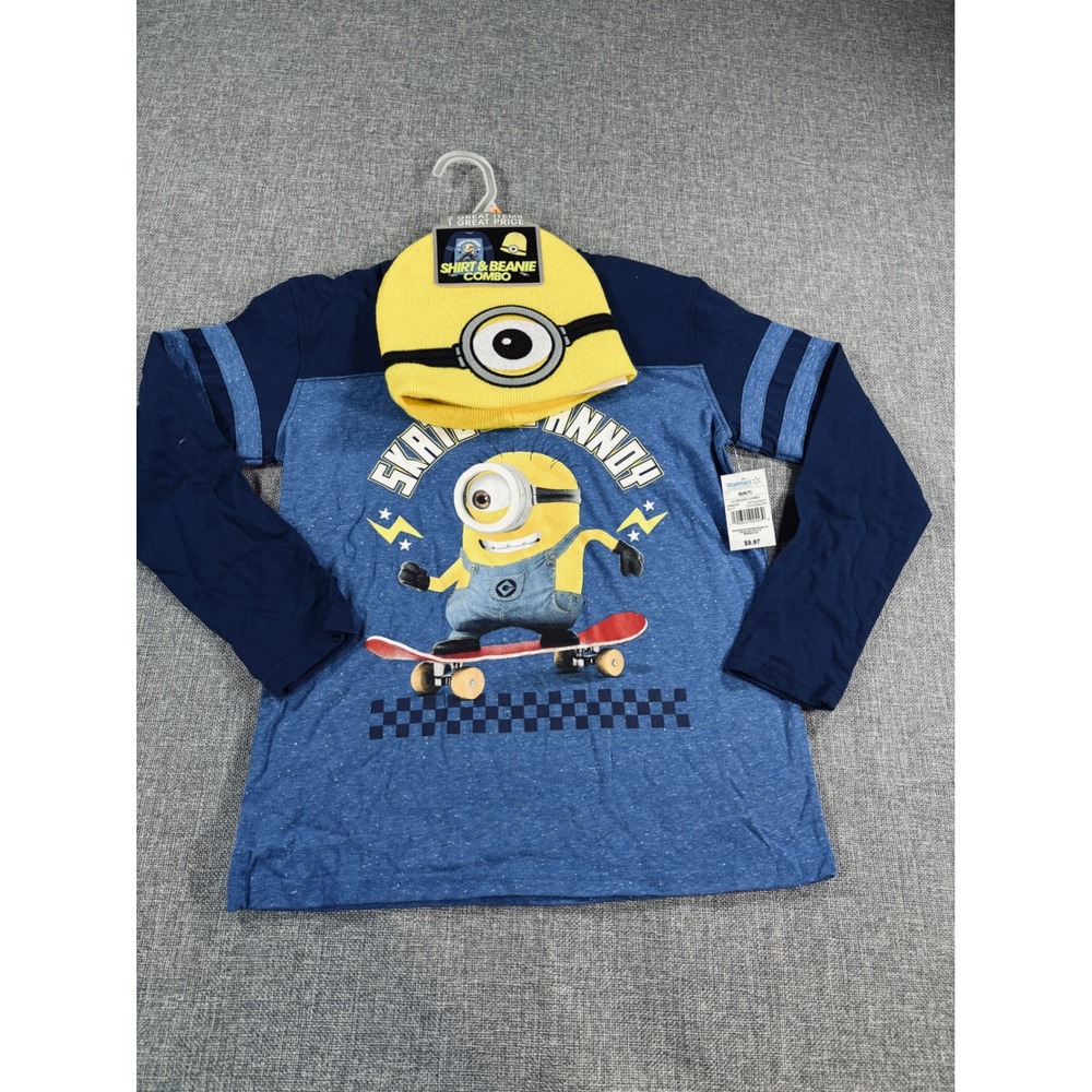 Y2K 2011 Minions Shirt & Beanie Skateboarding Graphic Blue Yellow Boy S 6/7 NWT